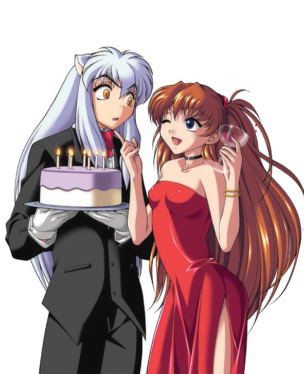 1girl alcohol animal_ears artist_request bare_shoulders cake choker crossover dog_ears dress evening_gown flirting food formal inuyasha inuyasha_(character) long_hair long_sleeves neon_genesis_evangelion one_eye_closed pastry red_dress red_hair side_slit souryuu_asuka_langley tuxedo wine
