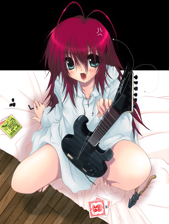 bottomless fang green_eyes guitar instrument long_sleeves odagiri_sakura original red_hair solo