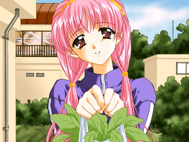 bag brown_eyes building bush carnelian cloud day food game_cg hairband holding leaf lens_no_mukougawa long_sleeves parted_lips pink_hair pipes plastic_bag sky solo takaoka_mimori track_suit twintails vegetable