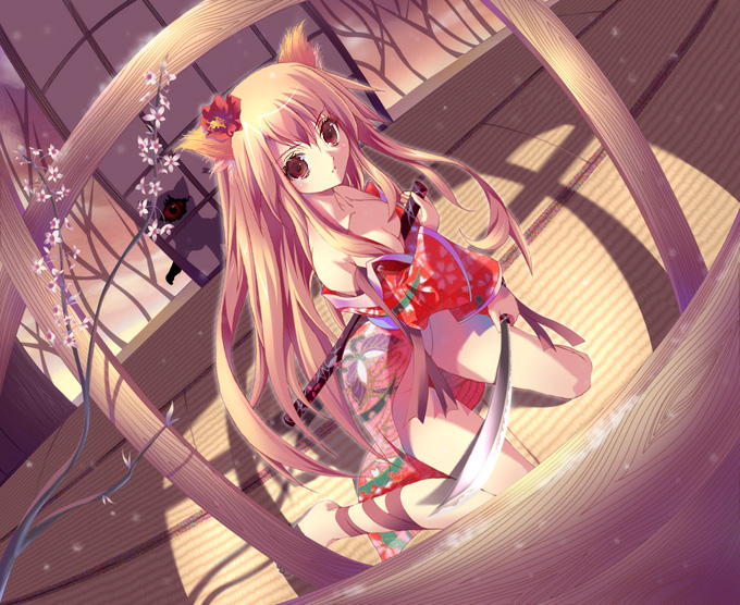 animal_ears copyright_request fox_ears japanese_clothes katana long_hair long_sleeves no_bra no_panties solo sword weapon yamamoto_nori