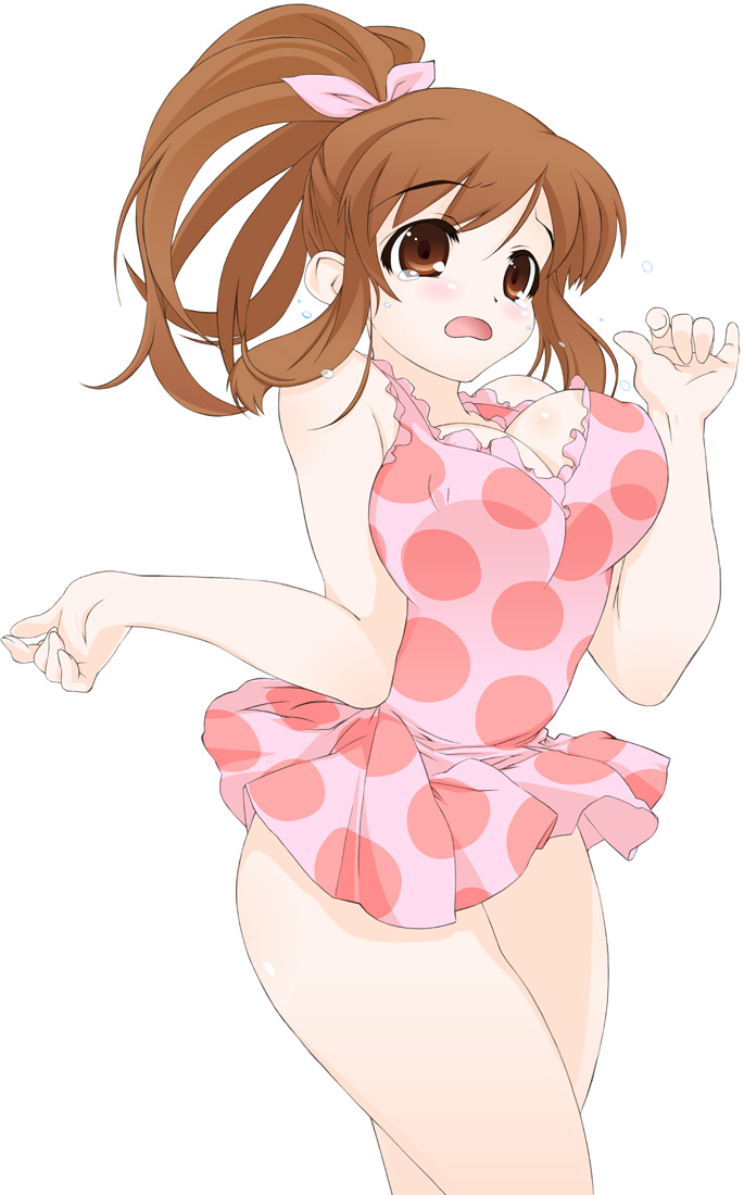 asahina_mikuru blush breast_squeeze breasts brown_eyes brown_hair casual_one-piece_swimsuit covered_nipples d: face frilled_swimsuit frills hands large_breasts one-piece_swimsuit open_mouth polka_dot polka_dot_swimsuit ponytail simple_background solo suzumiya_haruhi_no_yuuutsu swimsuit tears wavy_mouth yamaguchi_homupe