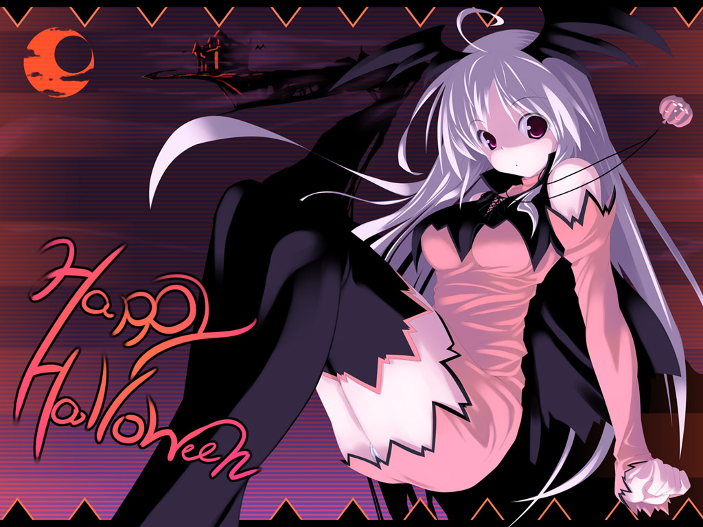 breasts copyright_request halloween happy_halloween head_wings long_hair long_sleeves medium_breasts red_eyes senmu solo thighhighs thighs vampire wallpaper white_hair