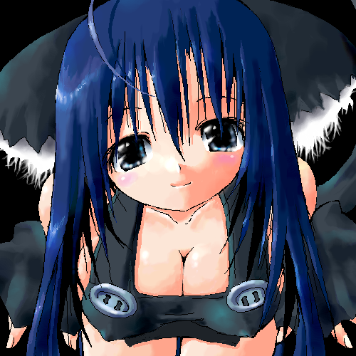 ahoge animal_ear_fluff animal_ears bangs black_background black_overalls blue_hair breasts cat_ears cat_tail cleavage copyright_request covered_nipples large_breasts long_hair lowres overalls simple_background solo tail yonezuka_ryou