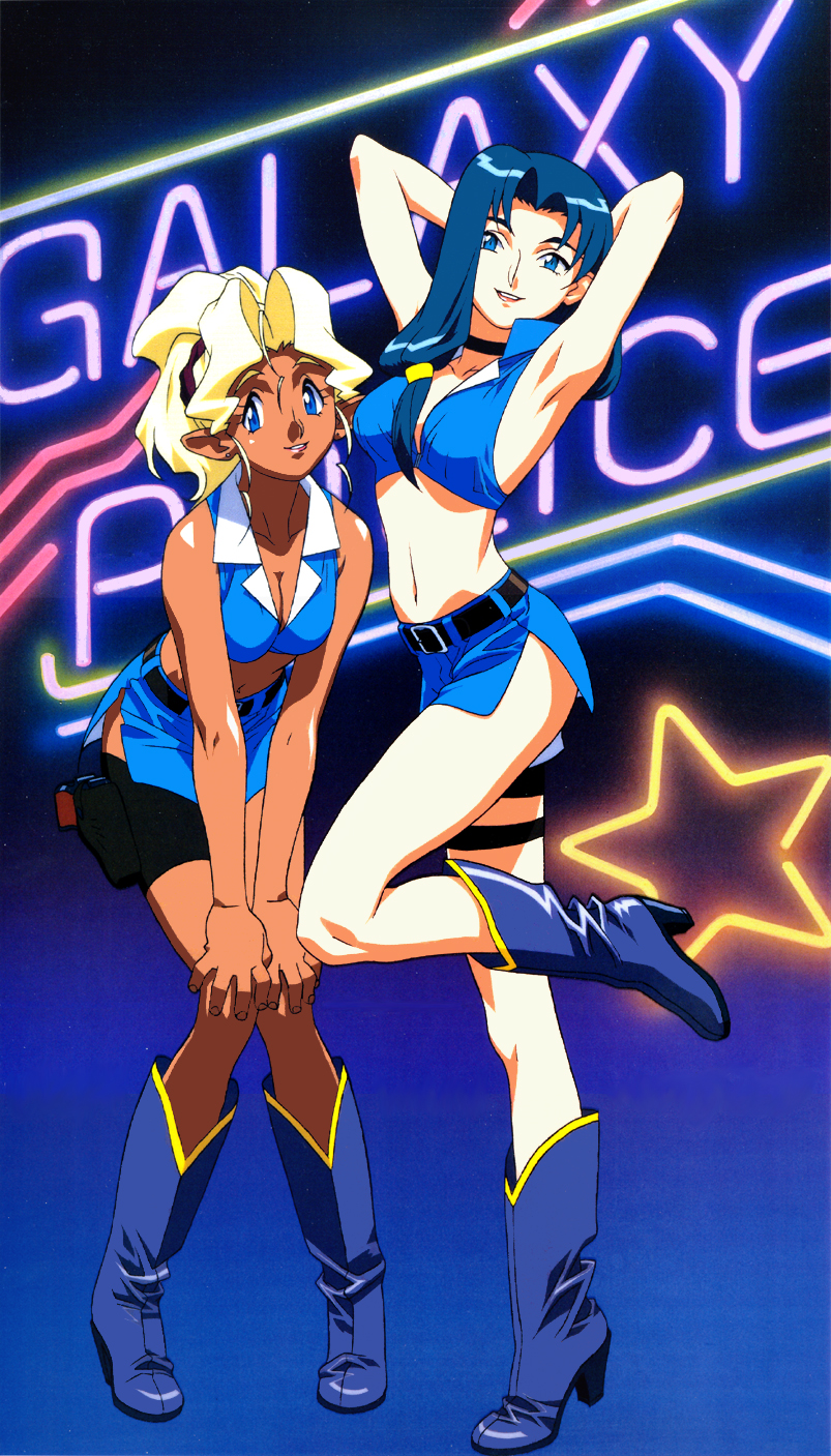 90s armpits arms_behind_head arms_up artist_request bare_arms bare_shoulders belt black_belt black_choker blonde_hair blue_eyes blue_footwear blue_shirt blue_shorts boots breasts buckle choker cleavage collarbone crop_top dark_skin full_body green_hair grin gun hair_ornament hair_scrunchie hands_on_own_knees high_heel_boots high_heels highres holster knee_boots knees_together_feet_apart kuramitsu_mihoshi leaning_forward leg_up long_hair looking_at_viewer low-tied_long_hair makibi_kiyone medium_breasts midriff multiple_girls navel neon_lights pointy_ears ponytail scrunchie shiny shiny_hair shiny_skin shirt shorts side_slit sleeveless sleeveless_shirt smile standing standing_on_one_leg star stomach tareme tenchi_muyou! tenchi_muyou!_uchuu_hen thigh_holster thigh_strap weapon
