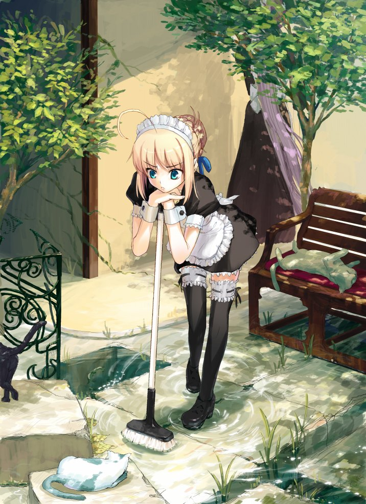 ahoge aqua_eyes artoria_pendragon_(all) bench blonde_hair broom cat day fate/stay_night fate_(series) frills itachi_(3dt) long_hair maid multiple_girls outdoors rider saber shoes thighhighs water wrist_cuffs