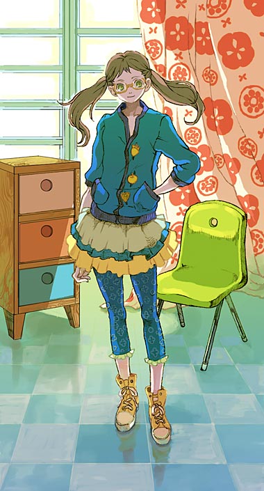 brown_hair cabinet capri_pants chair checkered checkered_floor curtains eihi glasses green_eyes hand_in_pocket leggings legs long_sleeves original pants pants_under_skirt perspective skirt solo twintails yellow-framed_eyewear