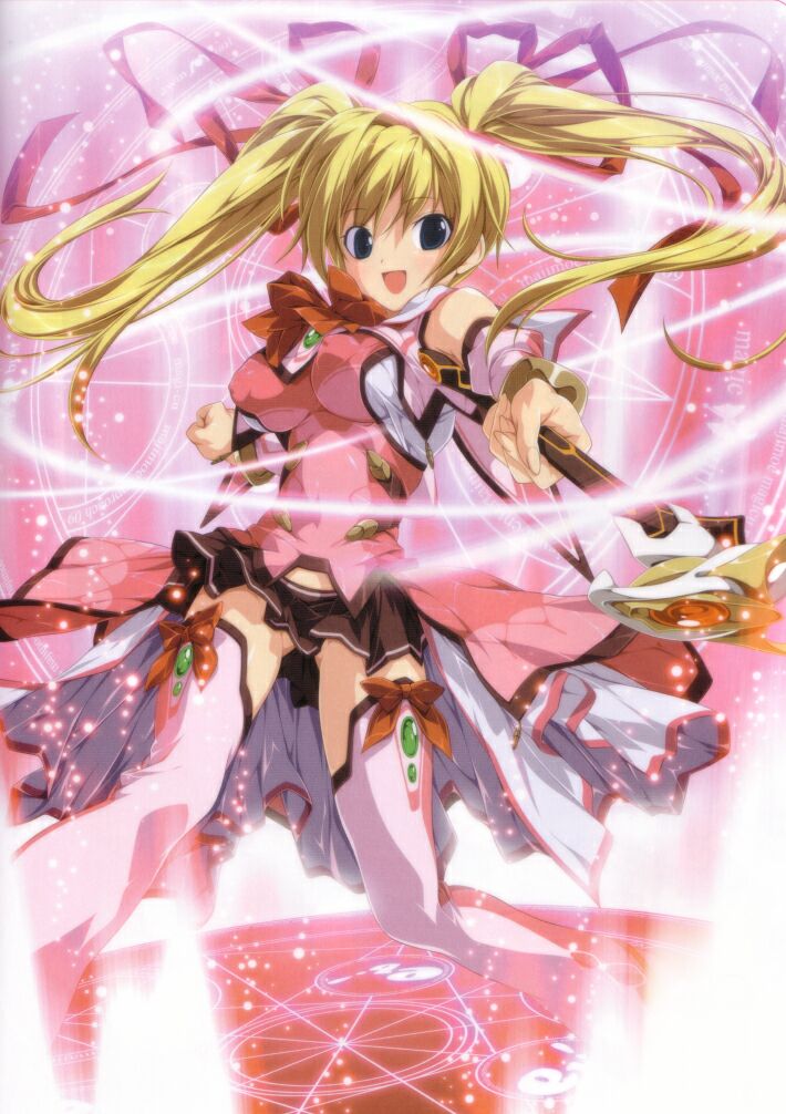 artist_request blonde_hair blue_eyes boots bow breasts character_request copyright_request covered_nipples long_hair magi-cu magic magic_circle magical_girl medium_breasts pink_footwear ribbon skirt smile solo source_request sparkle thighhighs twintails wand white_legwear