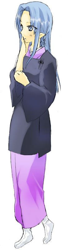 blue_eyes blue_hair blush caster coat fate/stay_night fate_(series) japanese_clothes kona-ya long_hair long_sleeves michiyuki no_shoes overcoat simple_background solo tabi white_background