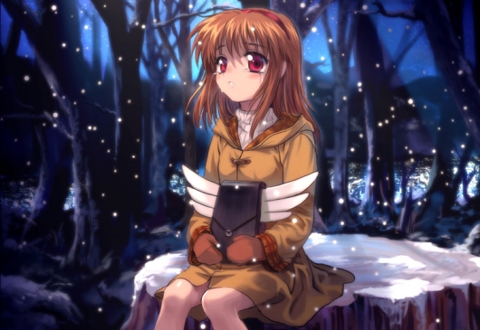 backpack backpack_removed bag bare_tree blush brown_hair coat crying crying_with_eyes_open evening hairband kanon long_sleeves mittens mutsuki_(moonknives) outdoors parted_lips plaid red_eyes sitting snow snowing solo tears teeth tree tsukimiya_ayu turtleneck winged_backpack wings winter winter_clothes
