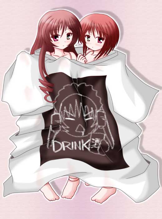 artist_request barefoot full_body heterochromia looking_at_viewer multiple_girls oversized_clothes red_hair rozen_maiden shared_clothes shared_shirt shirt short_hair siblings sisters souseiseki standing suiseiseki t-shirt toes twins