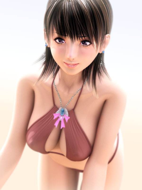 3d bikini breasts brown_hair cocoa_(character) covered_nipples incise_soul large_breasts m-rs smile solo swimsuit
