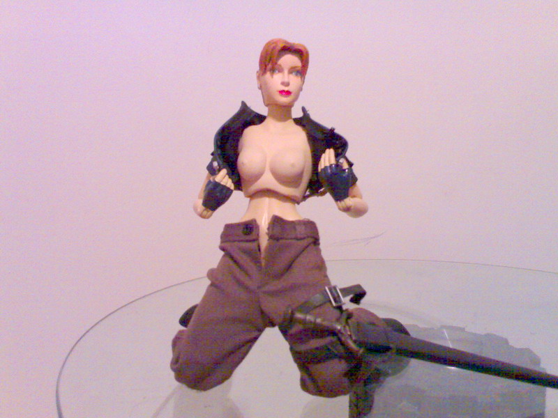 blue_eyes breasts breasts_outside brown_hair bukkake cropped_jacket cum doll_joints figure fingerless_gloves glass gloves jacket joanna_dark kneeling large_breasts lipstick looking_at_viewer makeup nipples no_bra no_panties open_clothes open_fly open_jacket pants perfect_dark photo reflection semen_on_figure sheath sheathed short_hair simple_background slender_waist solo sword unbuttoned undressing unzipped weapon white_background