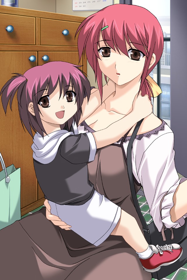 :d :o age_difference apron arms_around_neck ass ass_grab bag bangs blush bottle breasts brown_eyes calendar_(object) character_request chest_of_drawers child cleavage ending fingernails game_cg hair_ornament hair_ribbon hairclip handbag hood hoodie hug indoors kim_kwang_hyun kisetsu_no_hanayome lace large_breasts long_fingernails long_hair looking_at_viewer looking_back low_ponytail mature mother_and_daughter multiple_girls older on_floor open_mouth ponytail purple_hair red_hair ribbon shoes shopping_bag short_hair short_sleeves shorts side_ponytail sitting smile sneakers socks spoilers straddling tile_floor tiles upright_straddle window yukishiro_hazuna