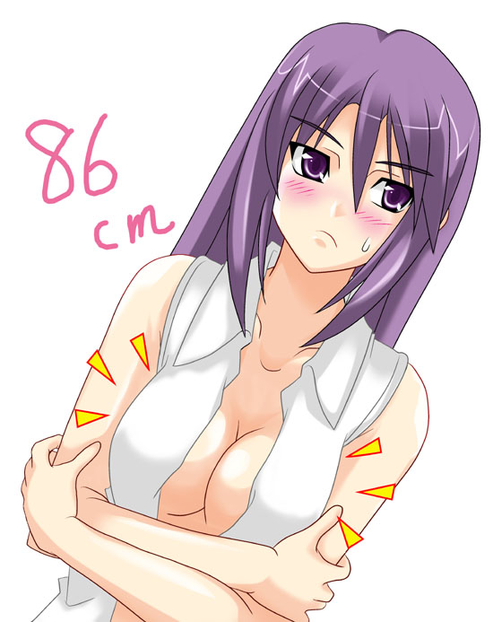 artist_request blush breasts large_breasts melty_blood open_clothes open_shirt purple_eyes purple_hair shirt sion_eltnam_atlasia solo tsukihime