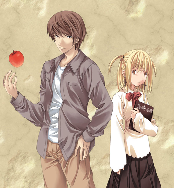 1girl amane_misa apple artist_request bangs death_note food fruit long_sleeves two_side_up yagami_light