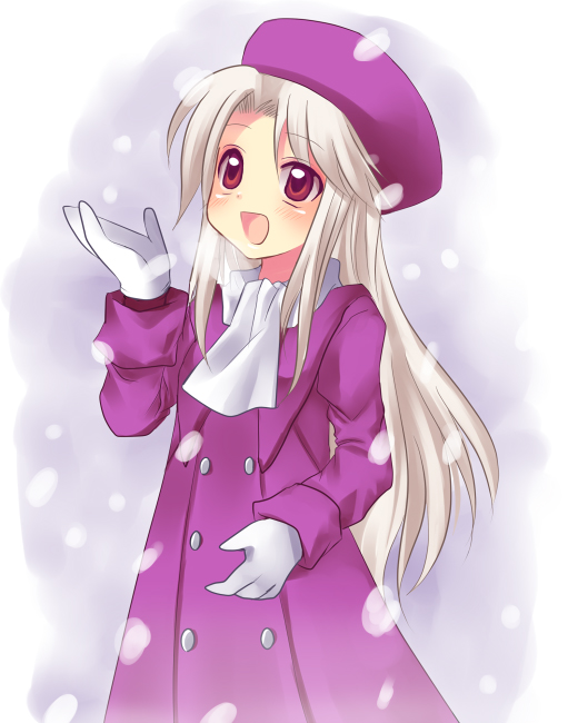 fate/stay_night fate_(series) hat illyasviel_von_einzbern long_sleeves purple_hat snowing solo subaru_(yachika)