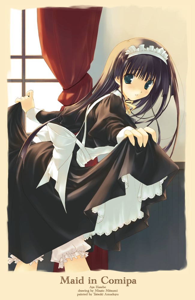 amazuyu_tatsuki apron artist_name bangs black_dress bloomers blush brown_hair character_name collaboration comic_party curtains dress from_behind from_side green_eyes hasebe_aya indoors juliet_sleeves leaning_forward long_hair long_sleeves looking_at_viewer maid maid_headdress mitsumi_misato outstretched_arms parted_lips petticoat puffy_sleeves skirt skirt_lift smile solo spread_arms underwear window
