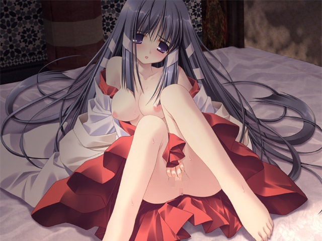 barefoot censored game_cg hakama japanese_clothes kagura_(prism_ark) masturbation miko mosaic_censoring oono_tetsuya prism_ark red_hakama solo