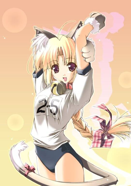:d animal_ears arms_up bell bell_collar blonde_hair braid buruma cat_ears collar copyright_request fang gym_uniform hair_ribbon jingle_bell looking_at_viewer open_mouth purple_eyes ribbon shintarou smile solo tail tail_ribbon