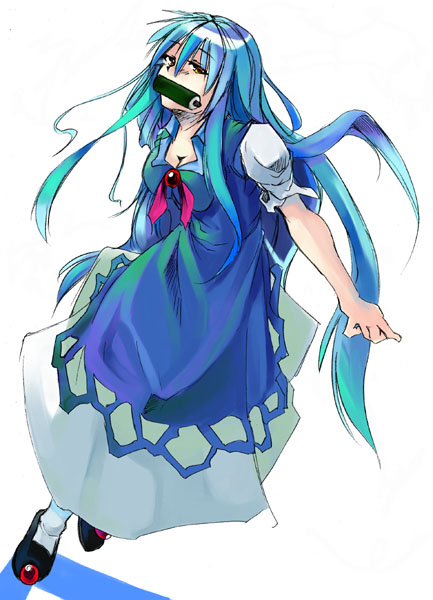 blue_dress blue_hair bow breasts cleavage dress full_body kamishirasawa_keine large_breasts long_hair looking_at_viewer minazuki_maya mouth_hold multicolored_hair puffy_short_sleeves puffy_sleeves scroll shoes short_sleeves simple_background socks solo touhou two-tone_hair very_long_hair white_background yellow_eyes