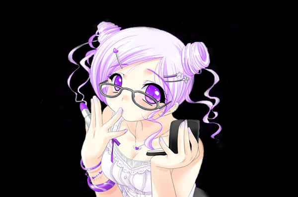 copyright_request emily_(pure_dream) glasses makeup purple_eyes purple_hair solo third-party_edit