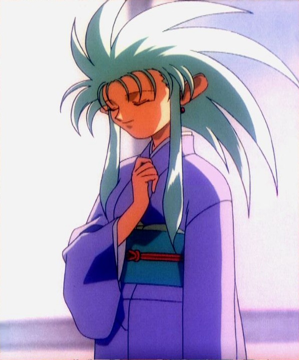 90s japanese_clothes kimono long_sleeves ryouko_(tenchi_muyou!) screencap solo spiked_hair tenchi_muyou!