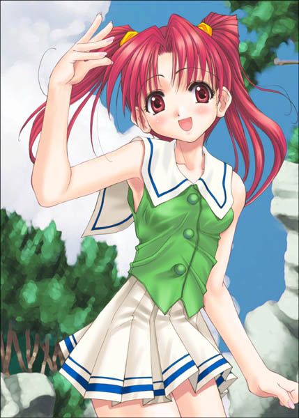 artist_request copyright_request day long_hair looking_at_viewer outdoors pink_eyes pink_hair sailor_collar school_uniform skirt sleeveless smile solo tree twintails vest