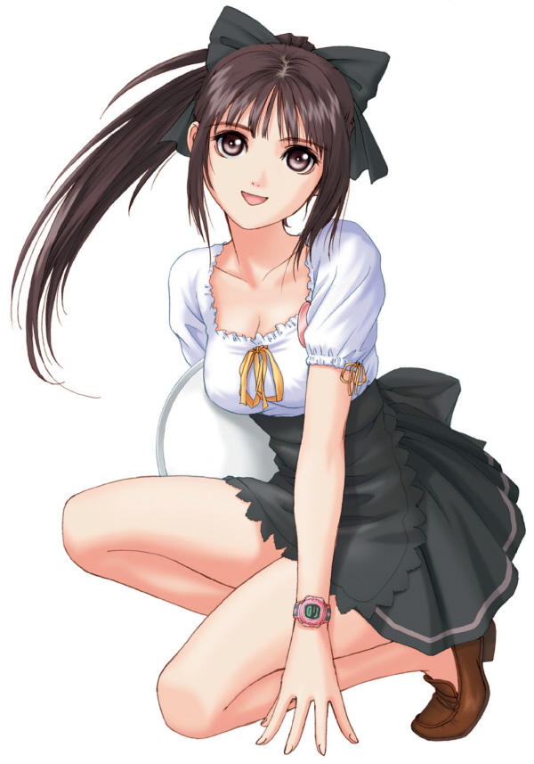 bow brown_eyes brown_hair copyright_request kneeling long_hair ponytail simple_background smile solo tanaka_takayuki tray waitress watch wristwatch