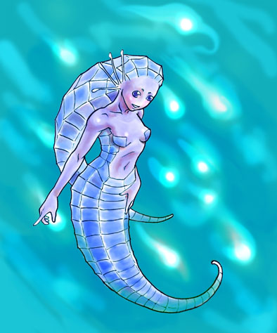 artist_request blue_eyes copyright_request head_fins lowres monster_girl purple_skin seahorse smile solo underwater
