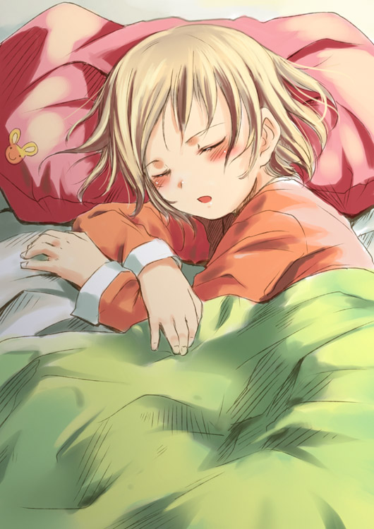 bed blanket blonde_hair blush closed_eyes long_sleeves open_mouth original pajamas pillow sleeping sody solo