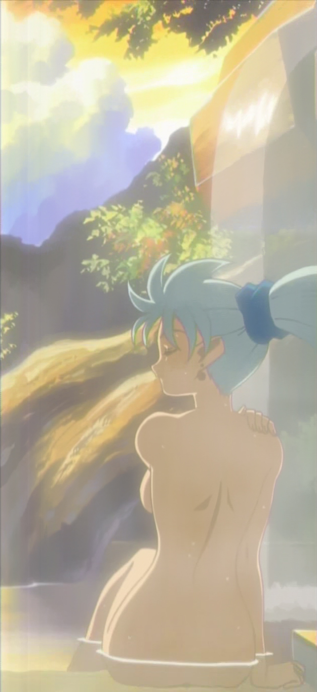 back bath blue_hair highres nude onsen ryouko_(tenchi_muyou!) screencap sitting solo spiked_hair tenchi_muyou! wet