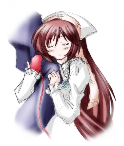 1girl arm_hug artist_request closed_eyes dress gloves head_scarf long_hair long_sleeves red_gloves rozen_maiden simple_background single_glove smile solo_focus suiseiseki thread white_background white_dress