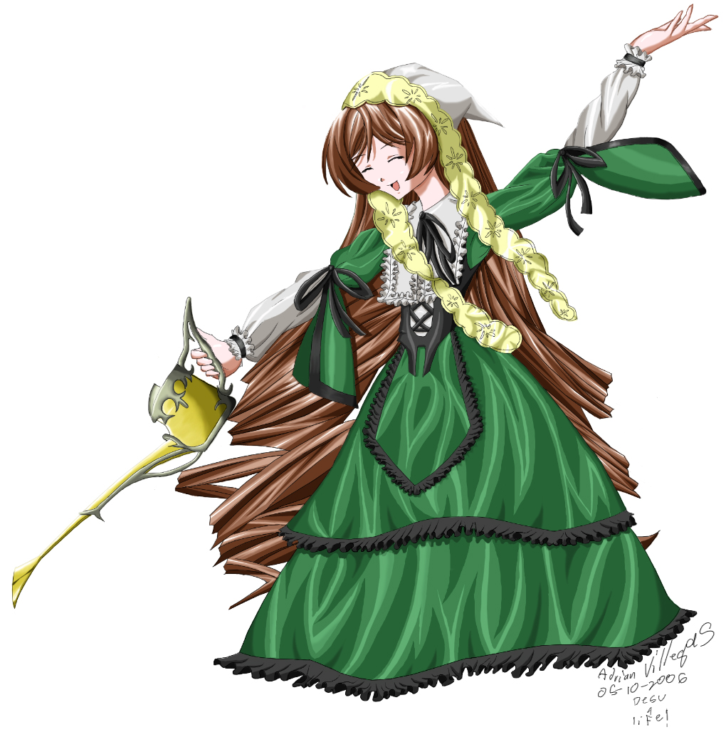 2006 adrian_villeqas brown_hair closed_eyes dress frilled_dress frills full_body green_dress long_hair long_sleeves open_mouth outstretched_arm rozen_maiden solo suiseiseki very_long_hair watering_can white_background