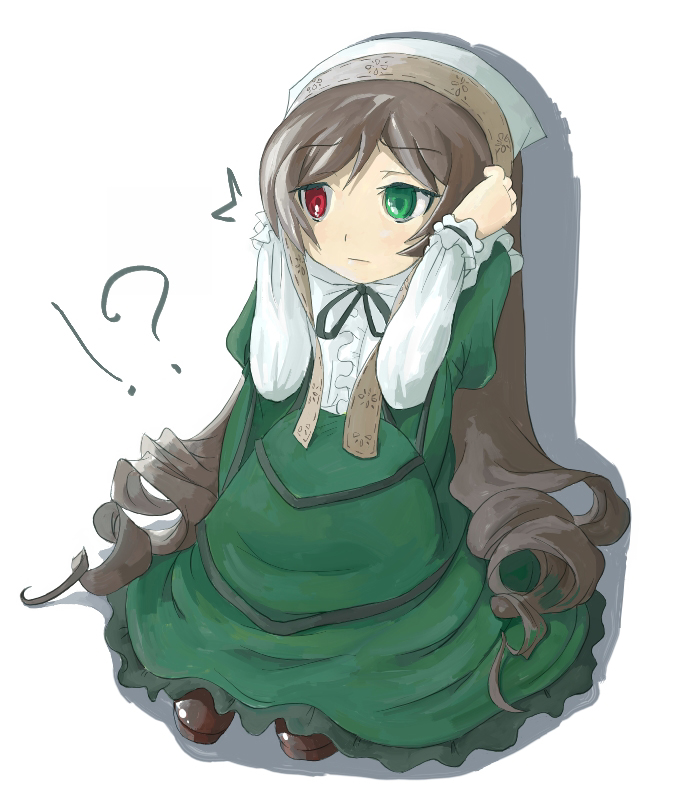 /\/\/\ 1girl alternate_hairstyle artist_request brown_hair dress drill_hair full_body green_dress green_eyes heterochromia knees_on_chest long_hair long_sleeves looking_to_the_side pumps red_eyes rozen_maiden simple_background sitting solo suiseiseki twin_drills very_long_hair wavy_mouth white_background