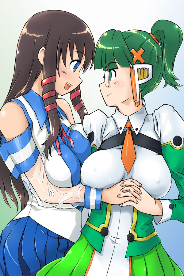 blue_eyes blue_skirt breast_press breasts brown_hair detached_sleeves eye_contact glasses green_eyes green_hair holding_hands homeko large_breasts long_sleeves looking_at_another michael multiple_girls os-tan skirt xp-tan xp_home-tan