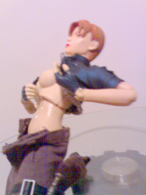 breasts breasts_outside brown_hair buckle bukkake cropped_jacket cum doll_joints figure fingerless_gloves from_side glass gloves jacket joanna_dark kneeling large_breasts leaning_back lipstick makeup no_panties open_clothes open_fly open_jacket pants perfect_dark photo profile reflection semen_on_figure short_hair short_sleeves simple_background solo thigh_strap unbuttoned unzipped white_background