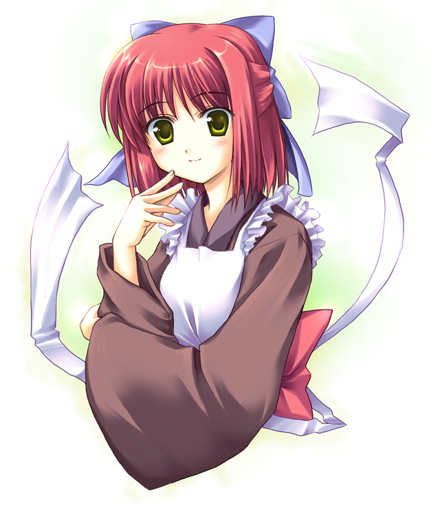 artist_request blue_bow blue_eyes bow cowboy_shot frills hair_bow half_updo kohaku long_sleeves looking_at_viewer red_hair short_hair smile solo tsukihime white_background