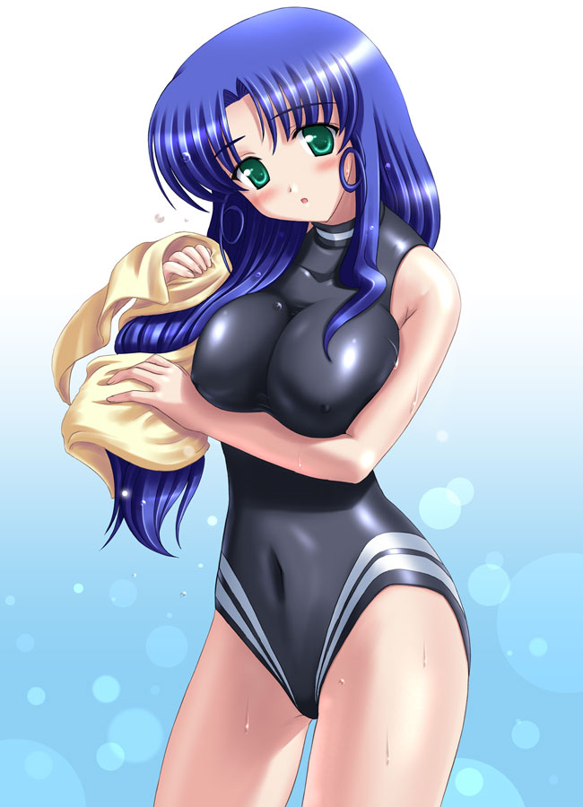 black_swimsuit blue_hair blush breasts competition_swimsuit covered_nipples green_eyes kishi_nisen large_breasts long_hair one-piece_swimsuit open_mouth solo swimsuit tokimeki_memorial tokimeki_memorial_only_love towel utsumi_koayu wet