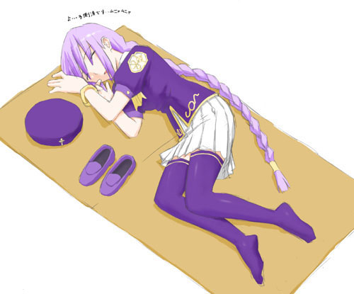 artist_request beret bracelet braid closed_eyes hat jewelry lowres lying melty_blood miniskirt on_side ponytail purple_hair shoes single_braid sion_eltnam_atlasia skirt sleeping solo thighhighs tsukihime zettai_ryouiki