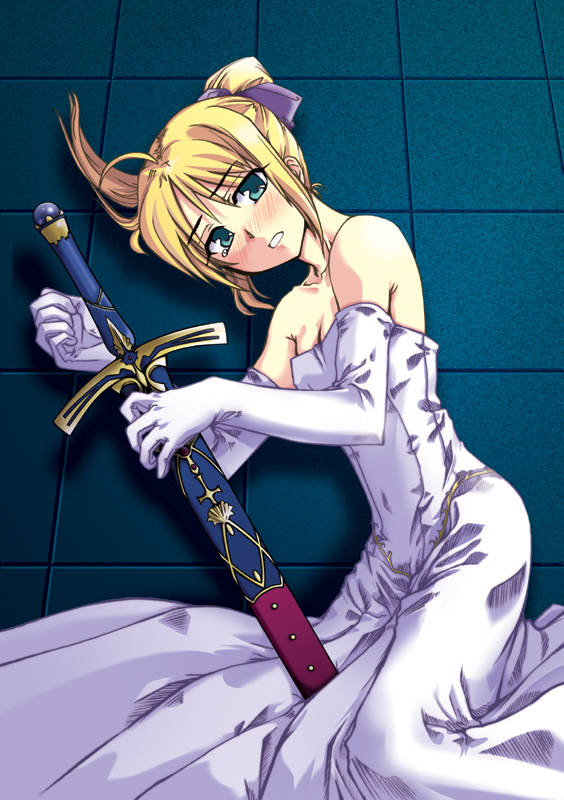 ahoge artoria_pendragon_(all) blonde_hair cover_image dress elbow_gloves fate/stay_night fate_(series) gloves green_eyes ribbon saber solo sword tears tougeya_honpo weapon white_gloves