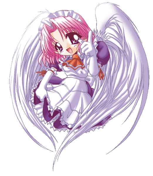 angel angel_wings artist_request character_request elbow_gloves gloves happy koutetsu_tenshi_kurumi maid maid_headdress necktie pink_hair pointing purple_eyes short_hair solo white_gloves wings