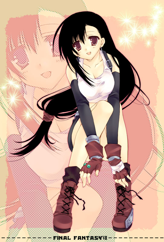 artist_request black_hair boots copyright_name elbow_gloves final_fantasy final_fantasy_vii gloves long_hair low-tied_long_hair ribbon solo tifa_lockhart zoom_layer