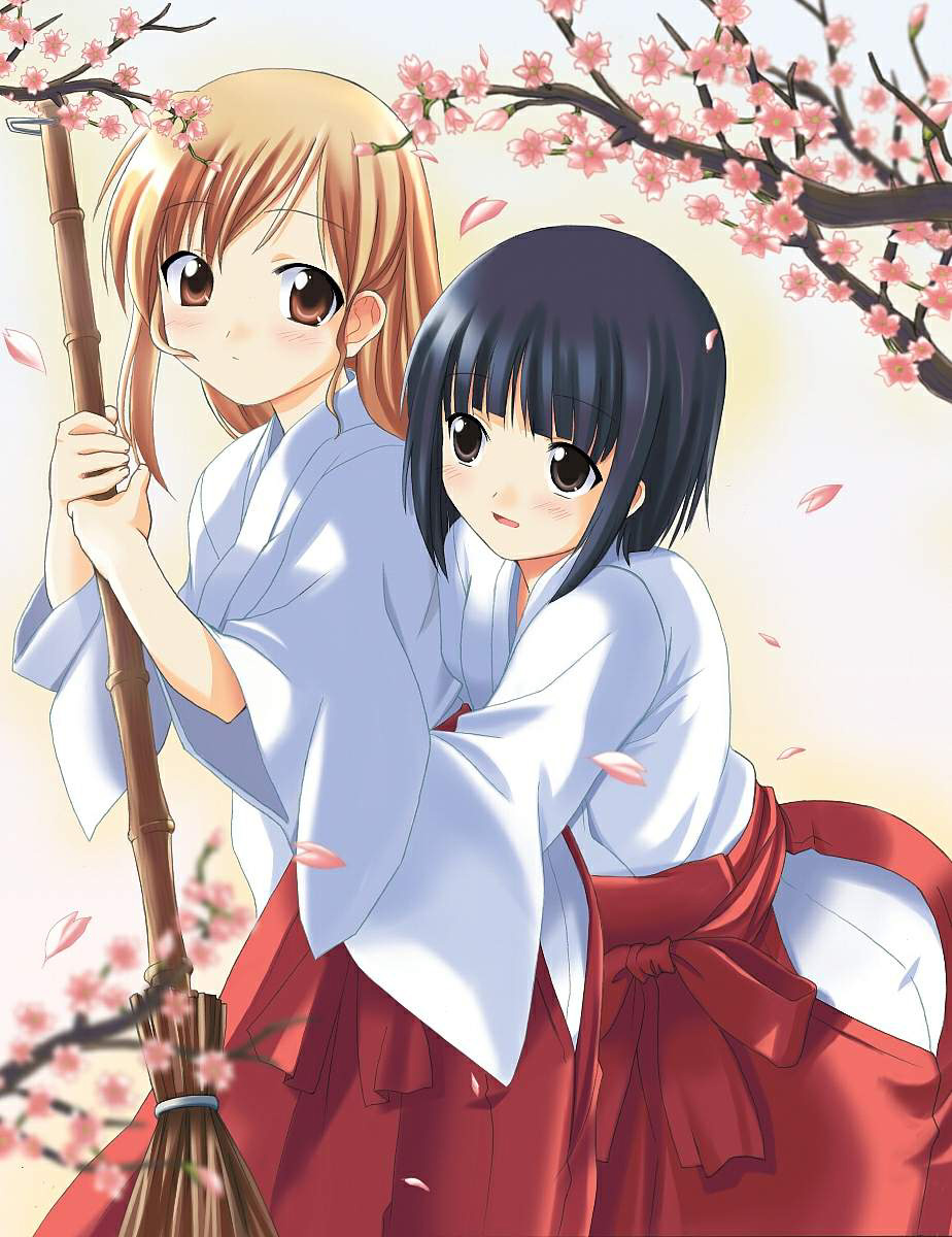 blush broom hakama highres japanese_clothes long_sleeves maria-sama_ga_miteru miko multiple_girls nijou_noriko red_hakama souryuu toudou_shimako