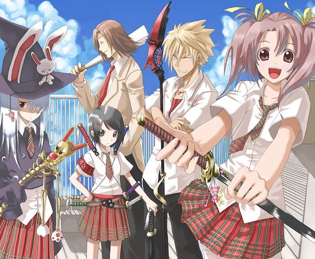 3girls artist_request copyright_request katana multiple_boys multiple_girls school_uniform sword weapon