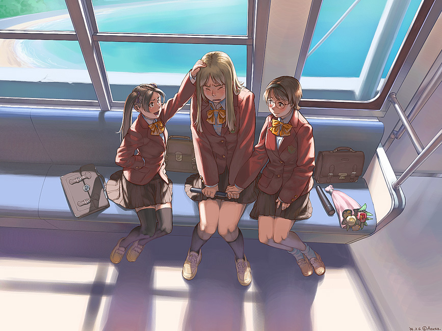 azusa_(hws) bouquet flower glasses ground_vehicle long_sleeves multiple_girls original school_uniform sitting skirt thighhighs train_interior