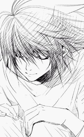 artist_request bags_under_eyes closed_eyes death_note greyscale l_(death_note) lowres male_focus monochrome sketch solo