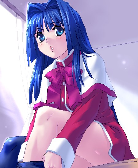 blue_eyes capelet curtains dressing kanon lips long_sleeves looking_at_viewer minase_nayuki oekaki parted_lips red_skirt room school_uniform single_thighhigh sitting skirt solo thighhighs thighs white_capelet zen