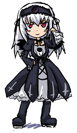 artist_request black_dress boots choker dress flower frilled_sleeves frills full_body hairband hand_on_hip lolita_hairband long_sleeves rose rozen_maiden silver_hair simple_background solo standing suigintou white_background