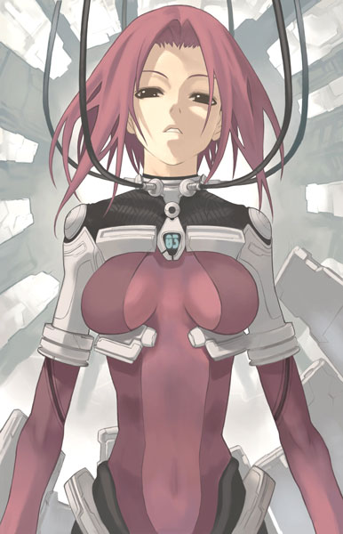 bodysuit breasts cable copyright_request cybernetic medium_breasts nagi_ryou pink_hair purple_bodysuit red_hair science_fiction solo
