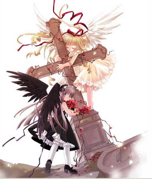 angel angel_and_devil artist_request bangs bare_legs bare_shoulders barefoot black_dress black_footwear black_ribbon black_wings blush closed_eyes copyright_request crack cross dress drill_hair facing_viewer feathered_wings flower frilled_dress frills garters grey_hair hair_ribbon hairband holding holding_flower hug kneehighs light_particles lolita_hairband long_hair looking_at_viewer mary_janes multiple_girls outstretched_hand petticoat plant red_flower red_ribbon red_rose ribbon ribbon_trim rose shoe_soles shoes sleeveless sleeveless_dress standing straight_hair thighhighs tiptoes very_long_hair vines white_background white_dress white_legwear white_wings wings